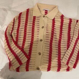 Zara Red and Cream Open Knit Collared Cardigan